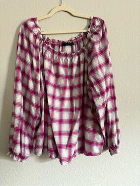 EUC Lane Bryant Pink Plaid Square Neck Flannel Popover